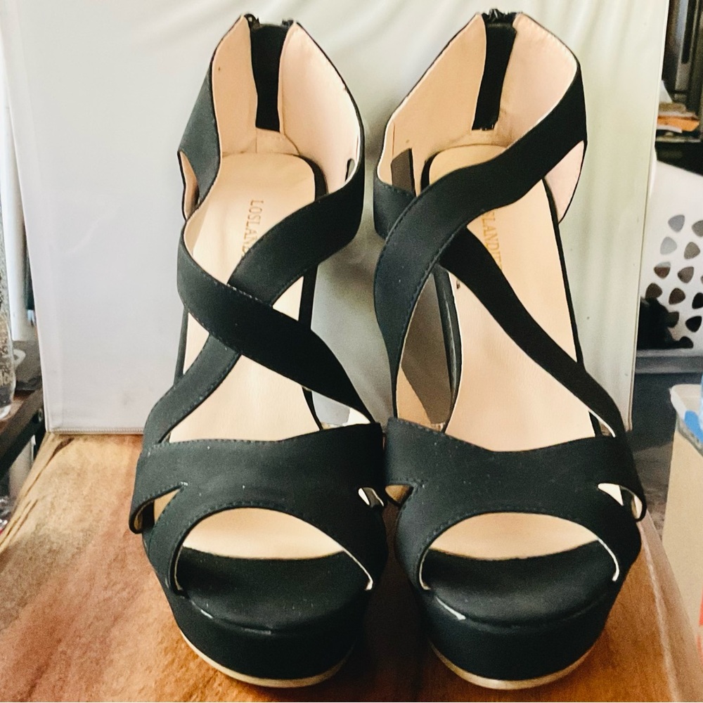 LOSLANDIFEN-Size 10-Black wedge shoes with Zip Backs